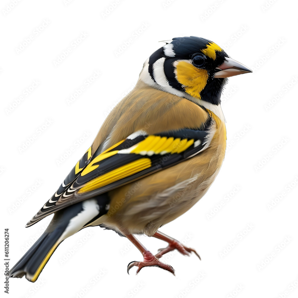 Obraz premium A Beautiful Goldfinch, Common European Bird, isolated, transparent background, no background. PNG. Generative AI.