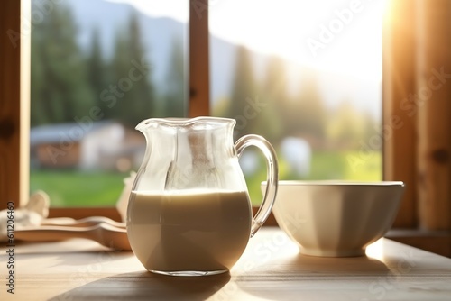 A milk jug pouring milk into a rustic ceramic mug. generative AI