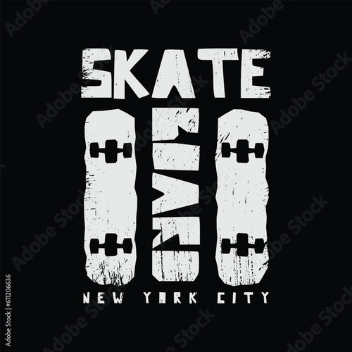 Illustration skateboarding and skateboard in New York City. Typography, t-shirt graphics, poster, print, postcard