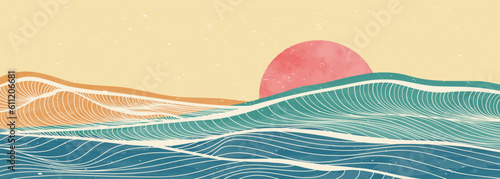 Ocean wave vector illustration. Creative minimalist modern art painting and line art pattern. Abstract contemporary aesthetic backgrounds landscapes. with sea, skyline, ocean wave