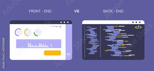 Front End vs. Back End Development. UI UX vs programming. coding and scripting education. front end developer vs back end programmer. Application and software development. 