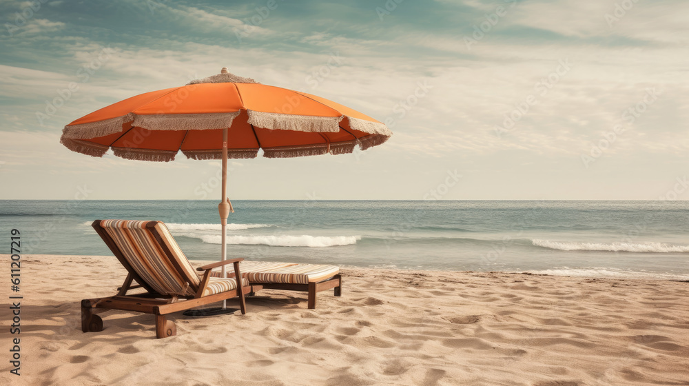 Beach chairs and an umbrella on a white sand beach, Generative AI