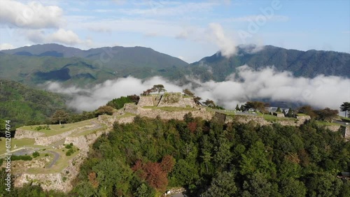 Dolly out drone shot of Takeda ruined castle (Takedajō-seki a.k.a. 