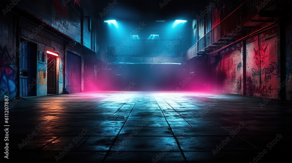Empty space with neon spotlights  dark wall in dark light stage with cyan smoke light  like room, idea for background, backdrop, pink blue lights