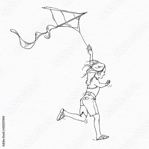 Young girl running and flying kite line drawing