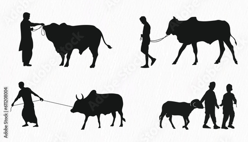 Silhouette set of man walking with Qurbani cow and goat 