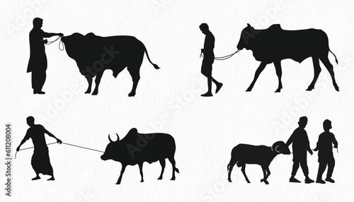 Silhouette set of man walking with Qurbani cow and goat  