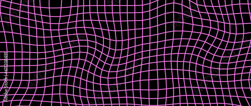 Distorted pink wireframe background. Abstract wavy checkerboard wallpaper. Warped and curved grid surface pattern. Geometric texture with optical illusion effect. Vector illustration