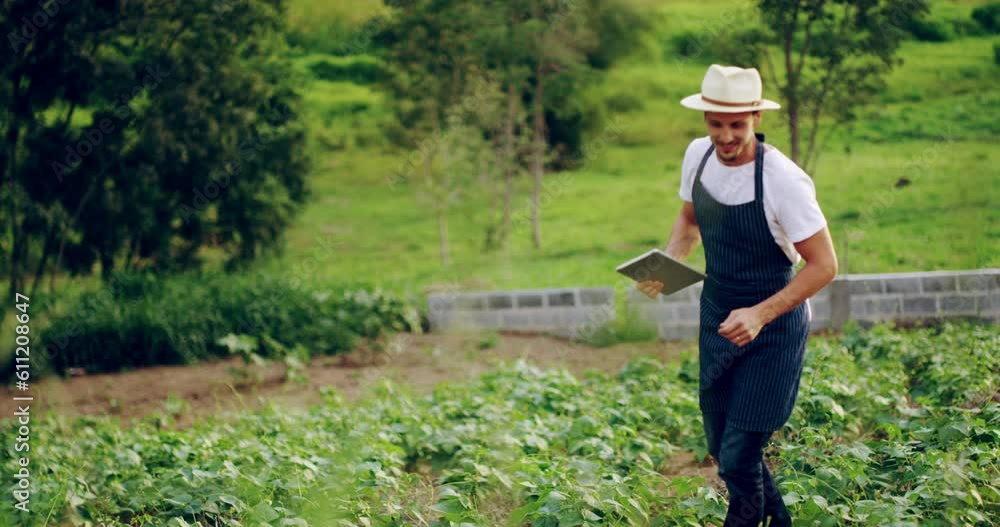 Agriculture, plants and man with tablet on field, countryside and data app for sustainable business in nature. Farmer, digital technology and check leaf growth for gardening research in environment Agriculture, plants and man with tablet on field, countryside and data app for sustainable business in nature. Farmer, digital technology and check leaf growth for gardening research in environment