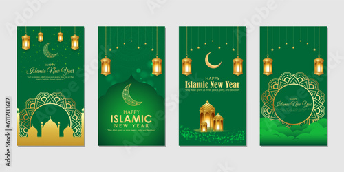 Vector illustration of Happy Islamic New Year social media story feed set mockup template