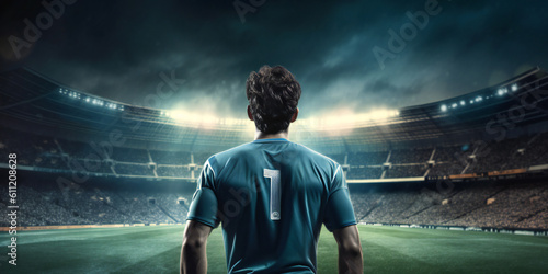 The back of a soccer player standing in the stadium, Generative AI photo