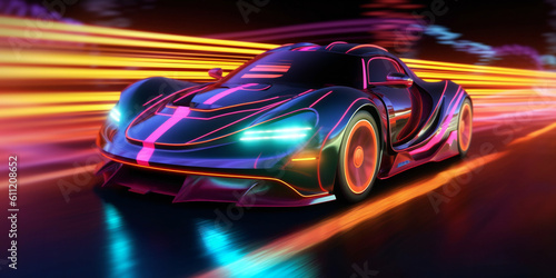 A future sports car on a road with neon lights at full acceleration  Generative AI
