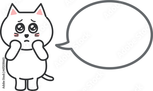White cartoon cat appealing to somebody with a speech bubble, vector illustration.