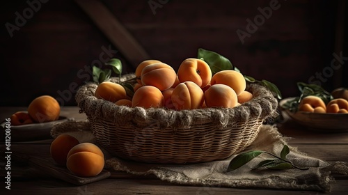 a bunch of apricot fruits in a bamboo basket with blur background
