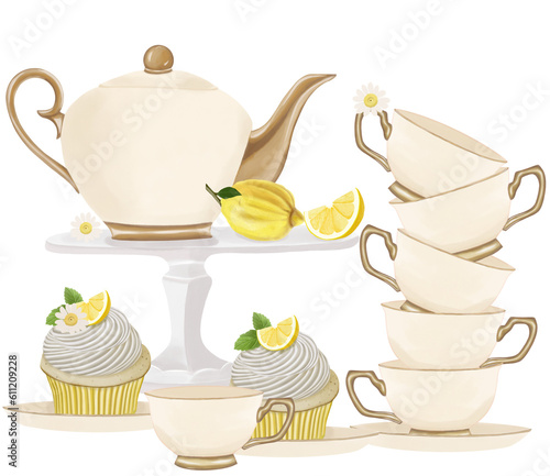 cup of tea with lamon cake photo