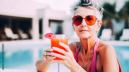 An adult woman drinks cocktail enjoys relaxing by pool outdoors, in luxury hotel. Vacation near beach on tropical island Generative AI