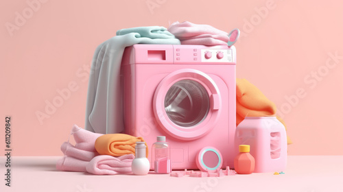 washing machine with towels on a pastel orange background with Ai Genenrated. photo