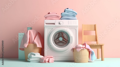 Washing machine with cloth on pastel background with Ai Generated.