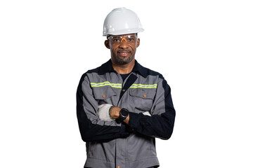 Portrait of African American male engineer worker standing on white background. Black male technician worker on white background