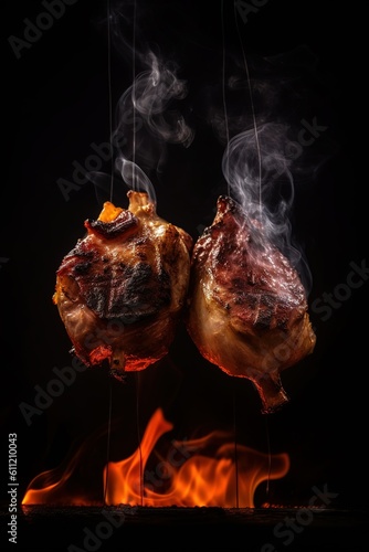 meat skewer floating with fire isolated on black background