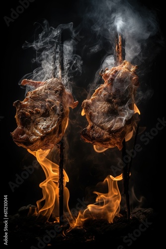 meat skewer floating with fire isolated on black background