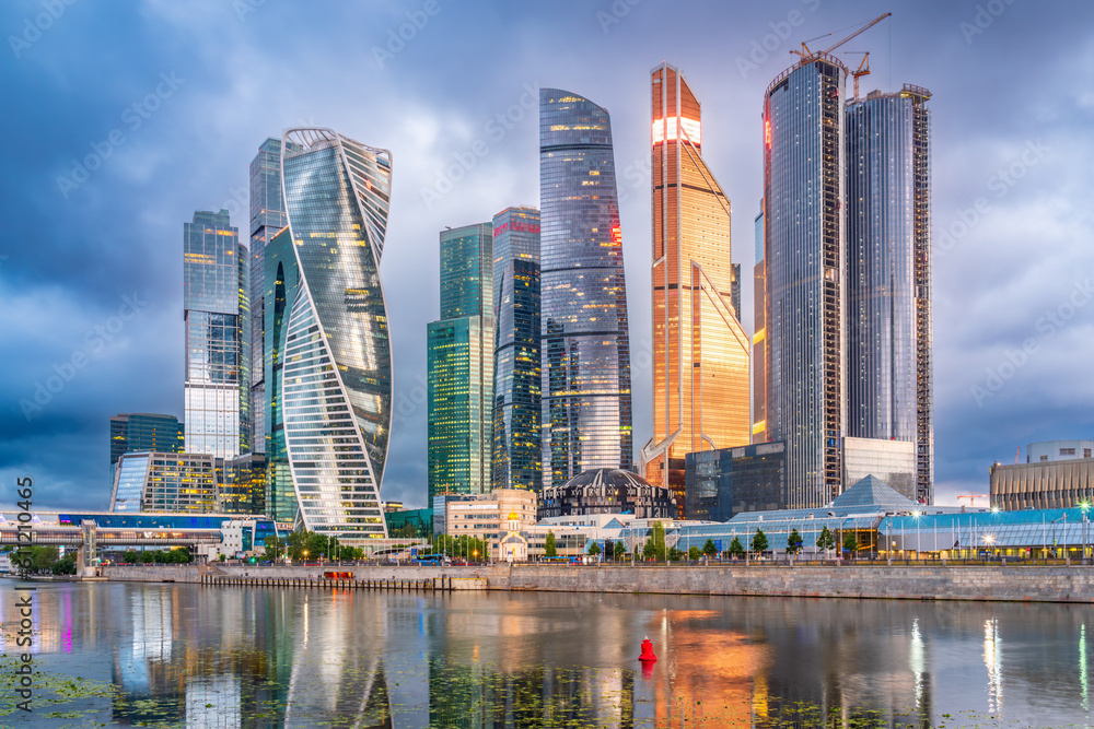 Obraz premium High buildings of Moscow-City at Moskva River at summer sunset, Russia.