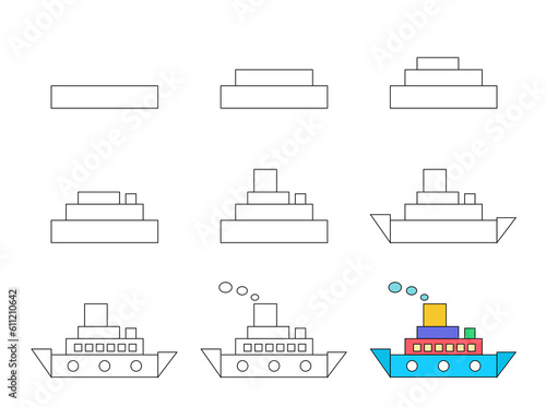 Worksheet easy guide to drawing cartoon ship. Simple step by step drawing tutorial for little children.