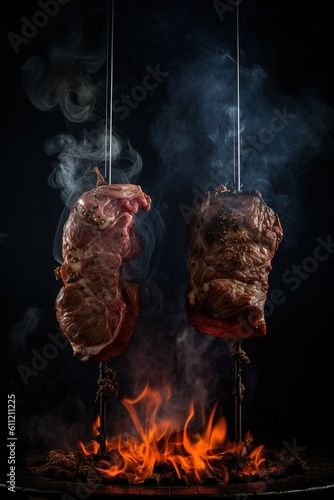 grilled meat on the grill, meat skewer floating with fire isolated on black background