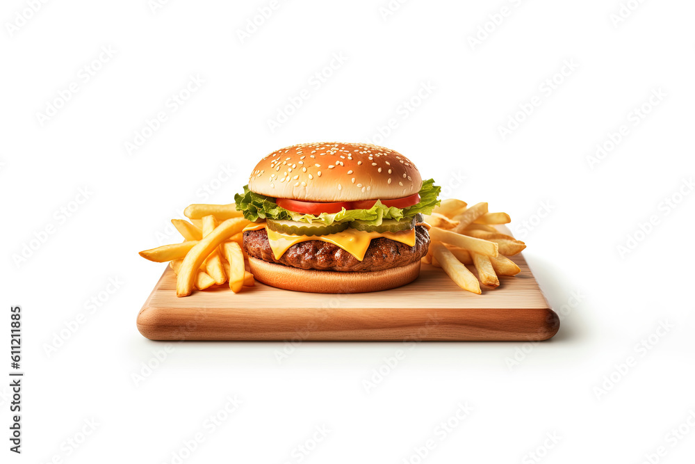 Closeup of a delicious cheeseburger with french fries on a wooden board isolated on white background. Created with Generative AI Technology Closeup of a delicious cheeseburger with french fries on a wooden board isolated on white background. Created with Generative AI Technology