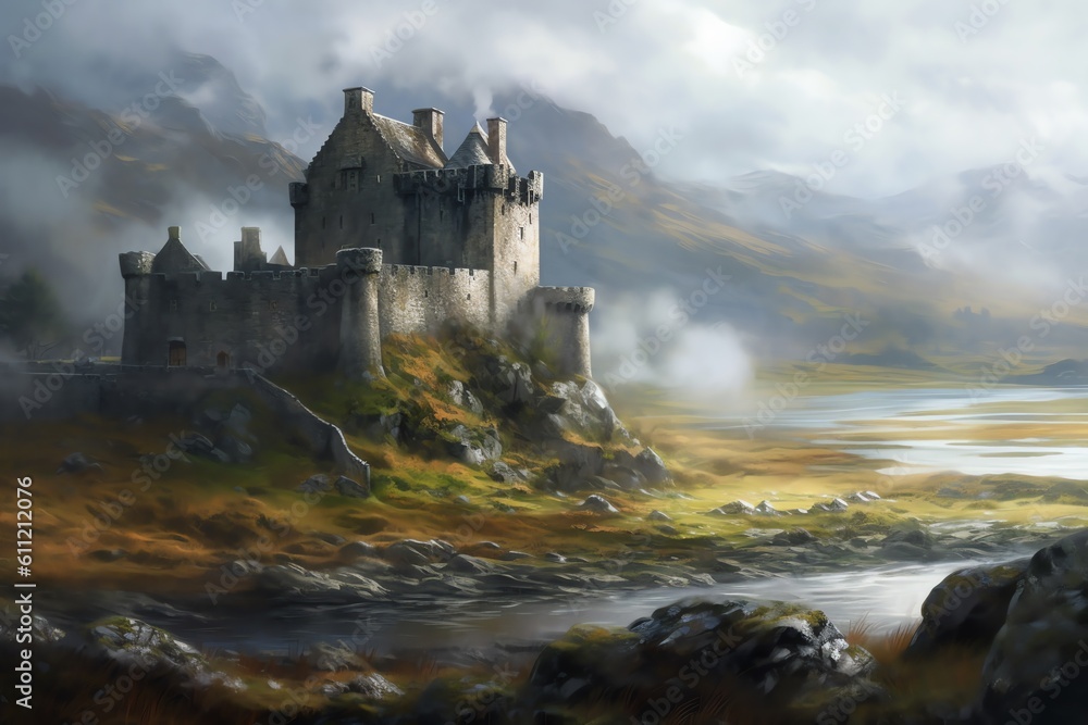 Scottish castle standing majestically against the mist. generative AI