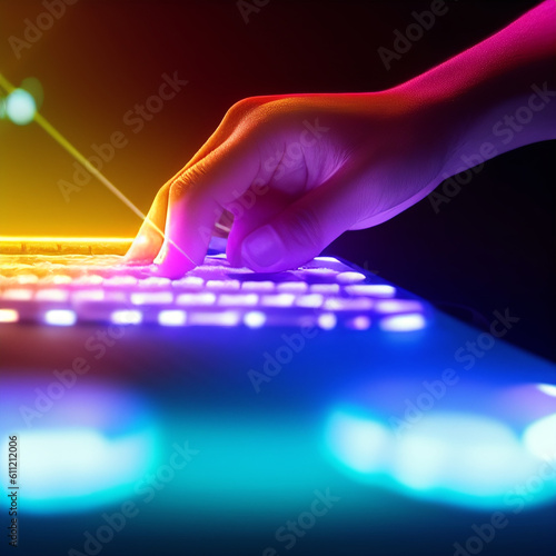 Hand typing on glowing keyboard