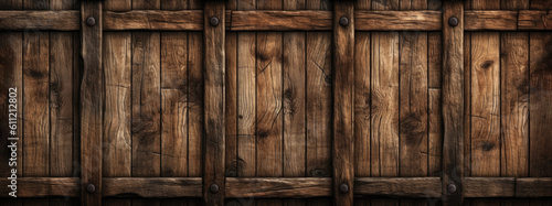 Medevil style old wooden wall,  with reinforcing braces and iron rivets. Rustic wood abstract background. Wide format, hand edited generative AI. photo
