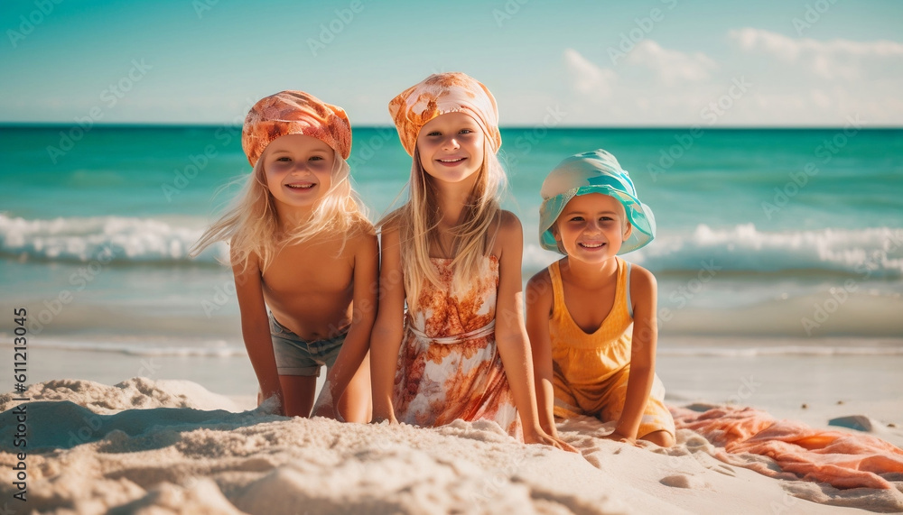 Summer concept with three happy children having fun on a sun and beach. Summer concept with three happy children having fun on a sun and beach.
