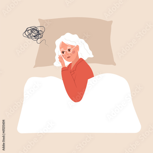 Sleep disorder. Tired elderly woman suffer from insomnia. Sleepless female character lying in bed and thinking about problems. Vector illustration in flat cartoon style. Menopause concept.