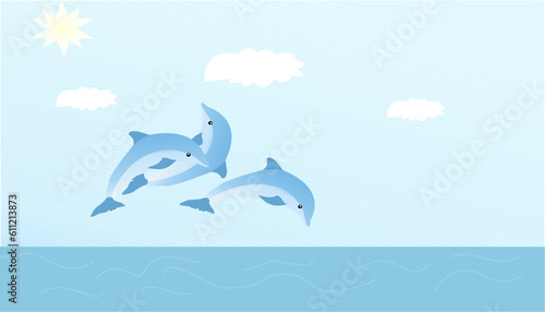 Dolphins jumping over breaking waves. dolphins jumping out of sea with clear blue water on sunny day.Illustration of Dolphin cartoon on sea background
