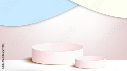 3D Pedestal of Platform display with modern pink stand podium on white platform and pastel blue pastel yellow backdrops