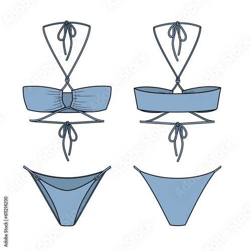 Cinch bikini technical fashion flat. Swimsuit vector illustration, front and back view, editable mockup template.