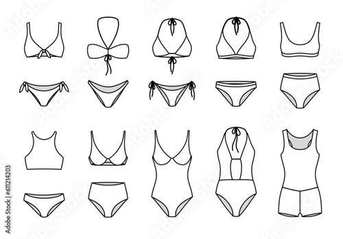 Line icon women's one piece swimsuit and bikini vector illustrations, front view, white color, editable mockup.
