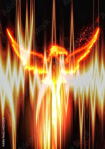 3d illustration of an abstract firebird flapping its wings in the dark with a mythical creature concept