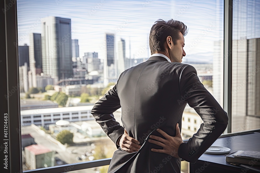 Fototapeta premium Businessman suffering from back pain in office. Toned image