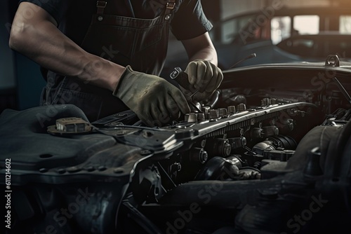 Professional mechanic working in auto repair shop. Car service and maintenance concept