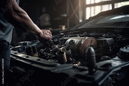 Professional mechanic working in auto repair shop. Car service and maintenance concept