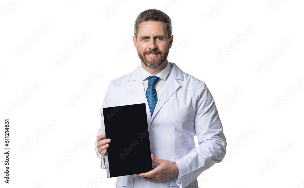 doctor promoting ehealth isolated on white. doctor offering ehealth in studio.