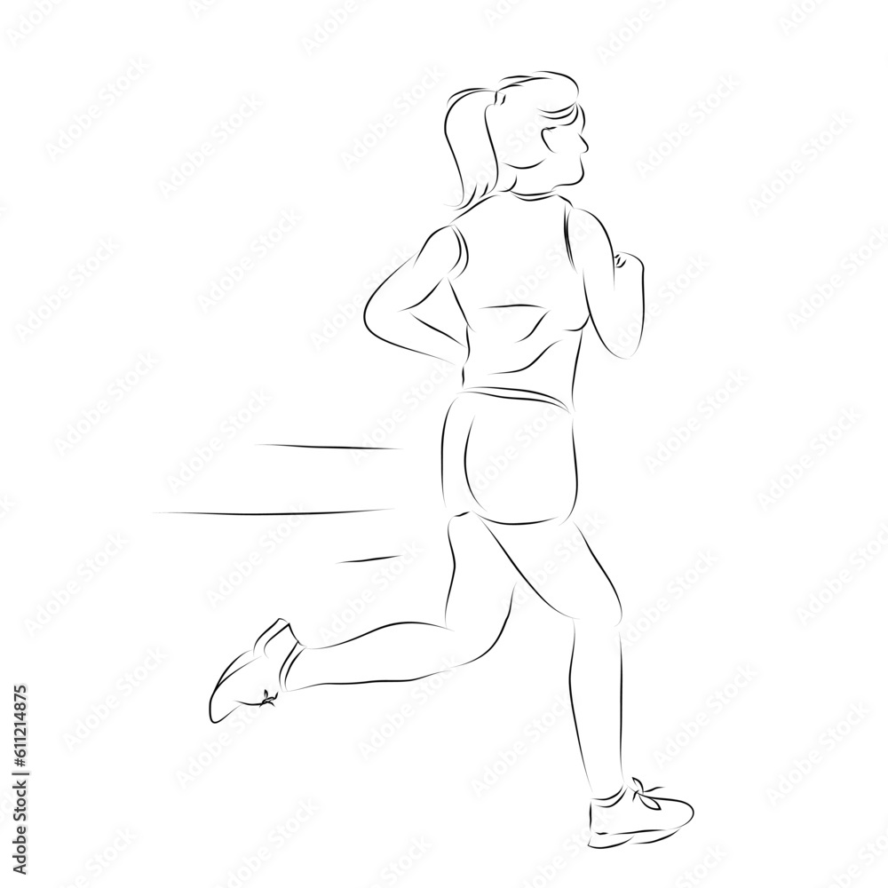 woman run runner, simple vector hand draw outline sketch, isolated on white