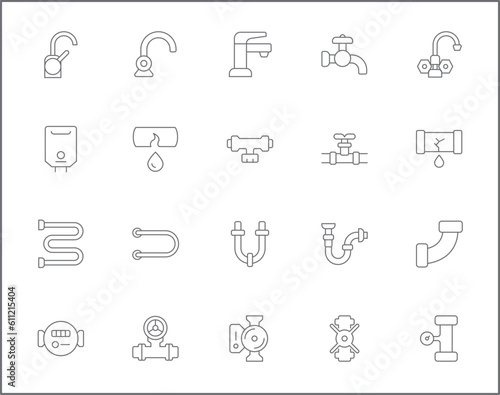 Simple Set of plumbing Related Vector Line Icons. Vector collection of traps, drains, taps, hand tools, vise, pipe, connector, valve and design elements symbols or logo element.
