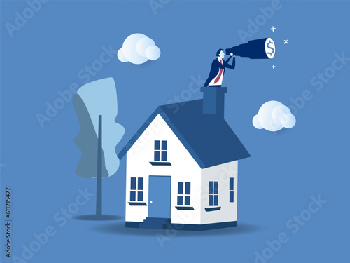 businessman investor with telescope climb up house chimney to see vision. Real estate and housing investment opportunity, property growth forecast or vision, future mortgage or Reit profit concept.