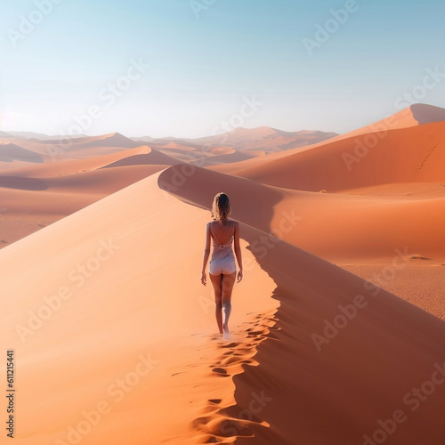 A relaxing summer concept with a beautiful woman in the desert. Sunny day.
