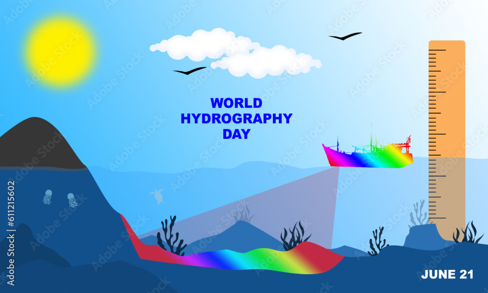 Naklejka premium a ship measuring and charting the depths of the ocean with outline icons and an underwater scene on a sunny day. commemorate WORLD HYDROGRAPHY DAY on June 21