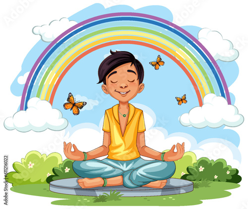 Asian boy meditate at the garden