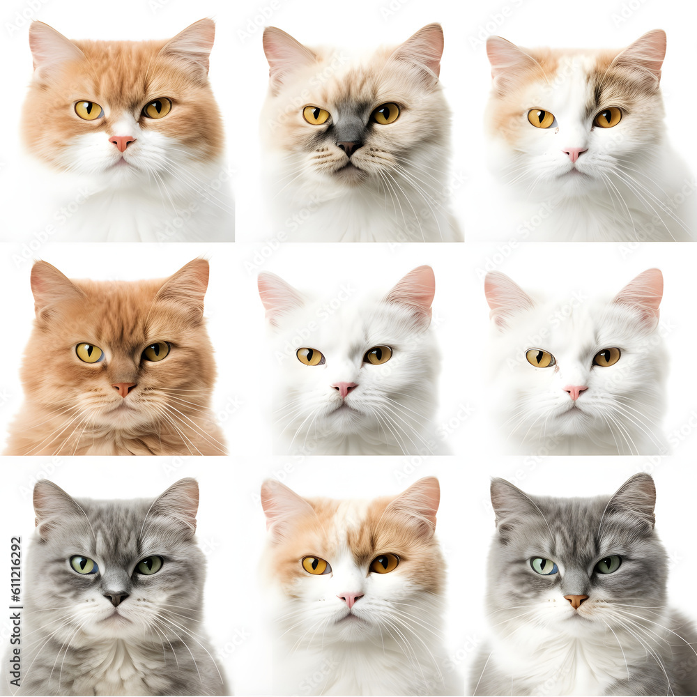 Collection set of different cute cats and catfaces isolated